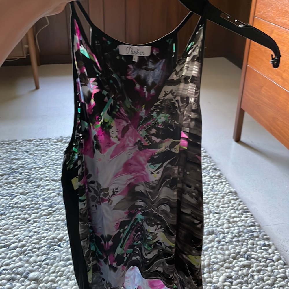 Parker split back sleeveless silk tank.